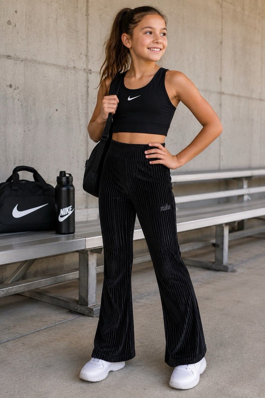Nike Girls Black Ribbed Velour Flare Pants High Rise Wide Leg Leggings Youth M